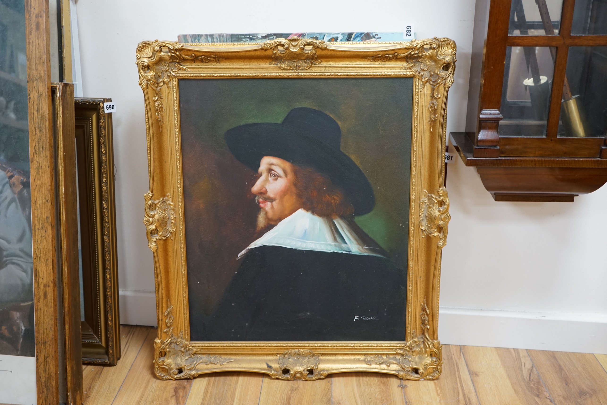 F. Rowe, Decorative oil on canvas, Portrait of a 17th century Dutch gentleman, signed, 59 x 50cm, ornate gilt framed. Condition - fair